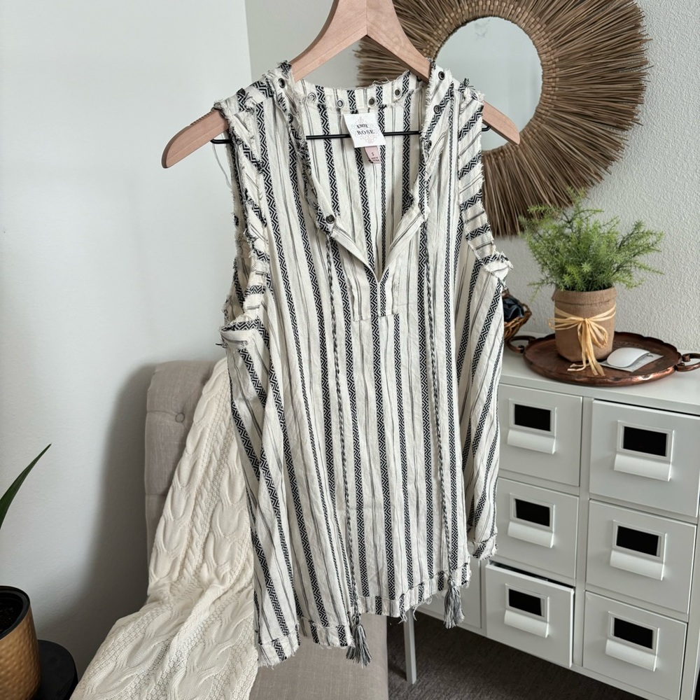 Knox Rose Cream Black Boho Striped Raw Hem Sleeveless Blouse Tank Top Small - Picture 2 of 9
